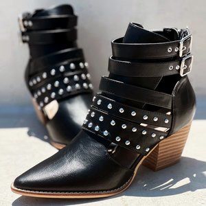 NEW Black Studded Cutout Buckle Strap Pointy Toe Block Heel Ankle Booties Vegan